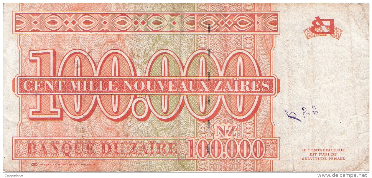 ZAIRE   100,000 Nouveaux Zaires   30/06/1996   Sign.11   G&D   P. 76a - Zaïre