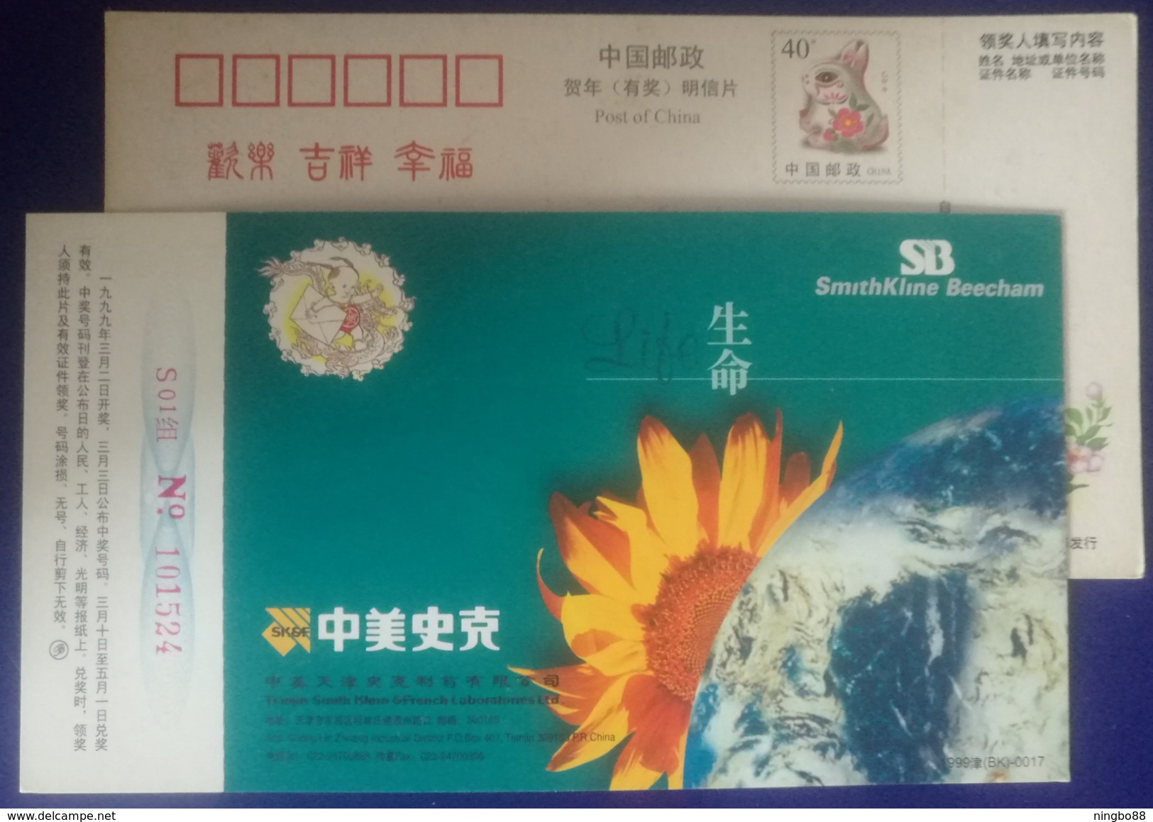 Sunflower & The Earth,China 1999 Tianjin Smith Kline & French Pharmaceutical Company Advertising Pre-stamped Card - Pharmacy