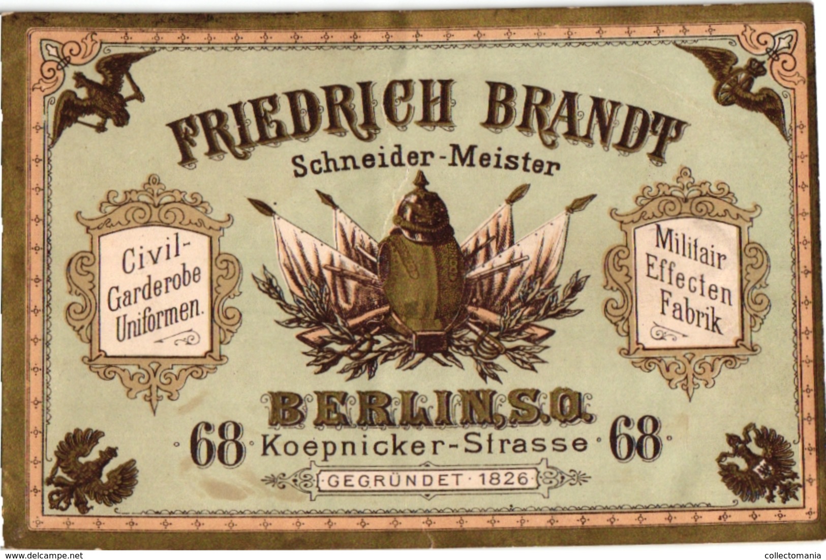 1845 Litho Handpers Visitekaart  Trade CARD BERLIN Friedrich Brandt Schneider-Meister Militair Uniformen DEUTSCHLAND - Magasins