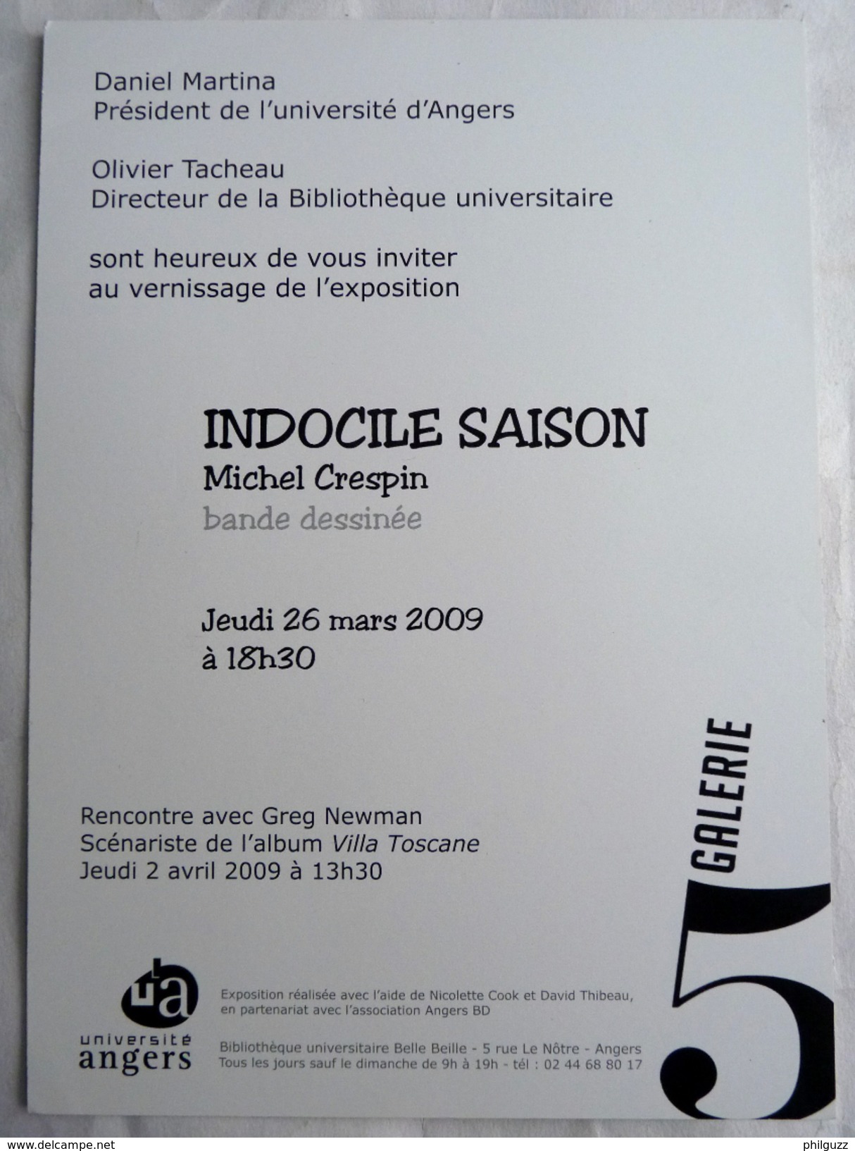 RARE CARTE D'INVITATION EXPOSITION CRESPIN UNIVERSITE D'ANGERS 2009 - Autres & Non Classés