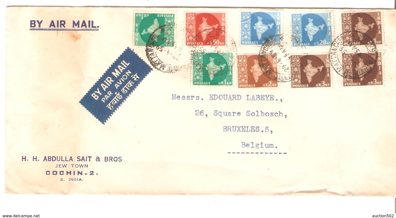 India Air Mail Cover From Jew Town 1959 To Brussels Belgium PR4279 - Lettres & Documents