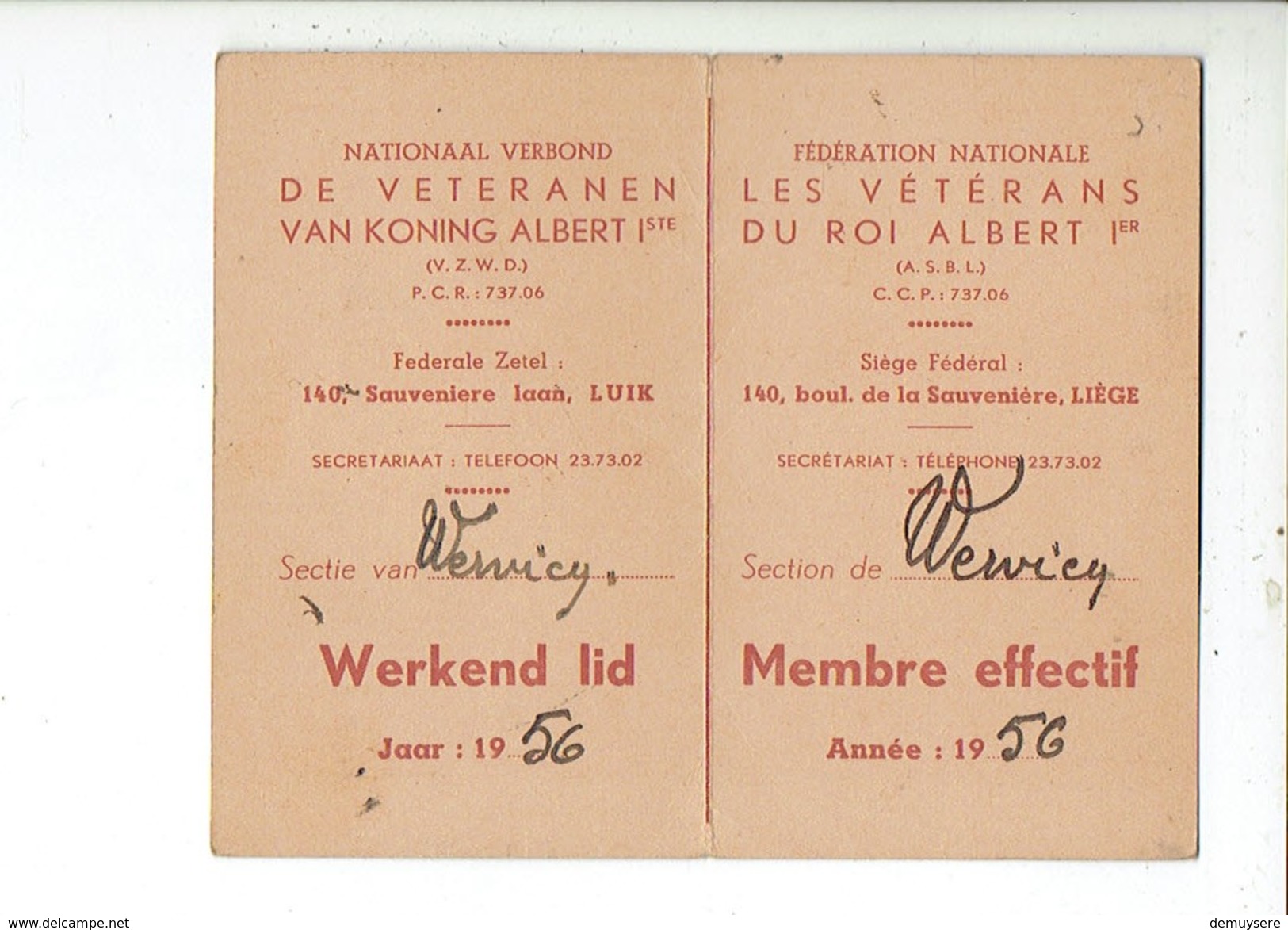 Kl 3357 Les Veterans Du Roi Albert I Membre Effctif - De Veteranen Van Koning Albert I Werkend Lid Wervik 1956 - Documenti