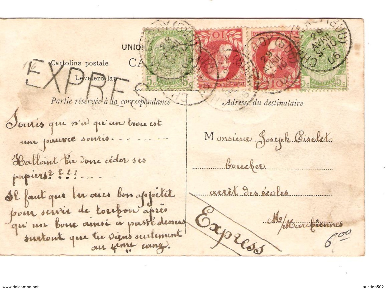 TP 56(2)-74(2) S/CP Exprès C.Charleroy (Sud) 29/4/1906 V.Mont Sur Marchienne PR4281 - 1905 Grosse Barbe