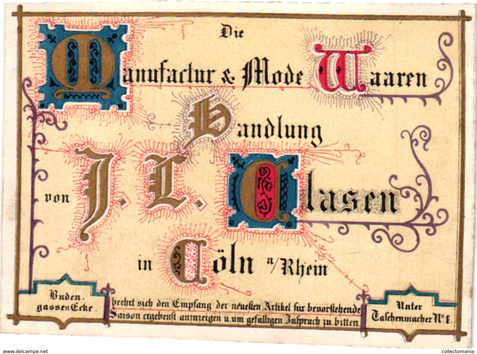 1Carte De Visite Trade CARD  Manufactur &Mode Waaren J L Clasen   COLN Am RHEIN LITHO - 1800 – 1899