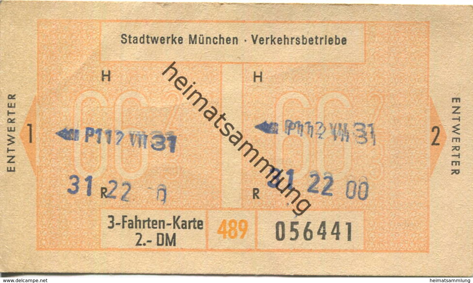 Deutschland - Stadtwerke München - 3 Fahrten-Karte 2.- DM - Europe