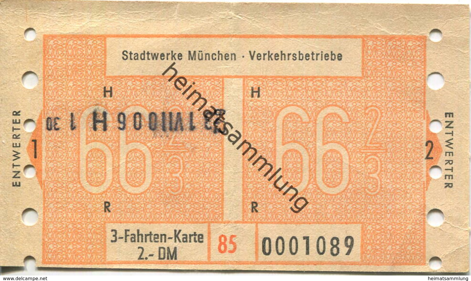 Deutschland - Stadtwerke München - 3 Fahrten-Karte 2.- DM - Europe