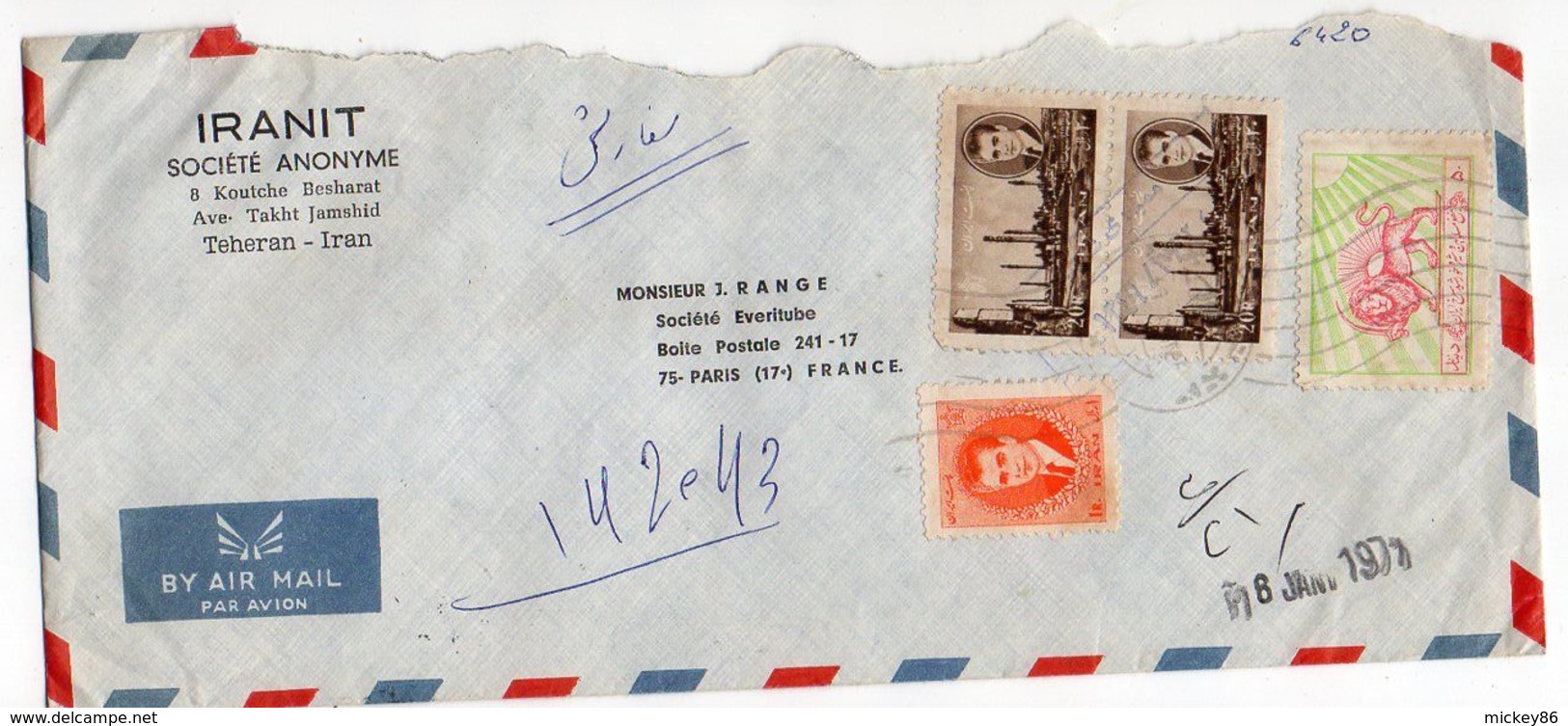 Iran-1971--lettre De Téhéran  Pour PARIS (France)--timbres Sur Lettre--cachet Mécanique + Cachet PARIS 17 Distribution - Iran