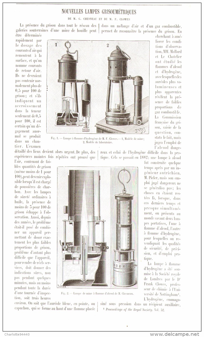 NOUVELLES LAMPES GRISOUMETRIQUES  De M. G. CHESNEAU Et De M. F. CLOWES   1893 - Autres & Non Classés