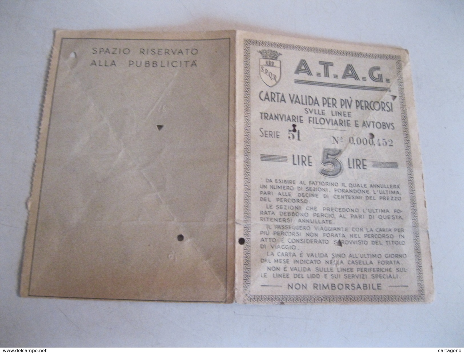 A.T.A.G. Carta Valida Per Piu Percorsi Sulle Linee Tranviarie Filoviarie E Autobus Del 5/1941 - Europa