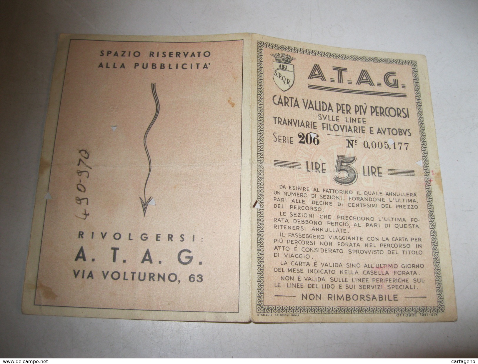 A.T.A.G. Carta Valida Per Piu Percorsi Sulle Linee Tranviarie Filoviarie E Autobus Del 10/1941 - Europa