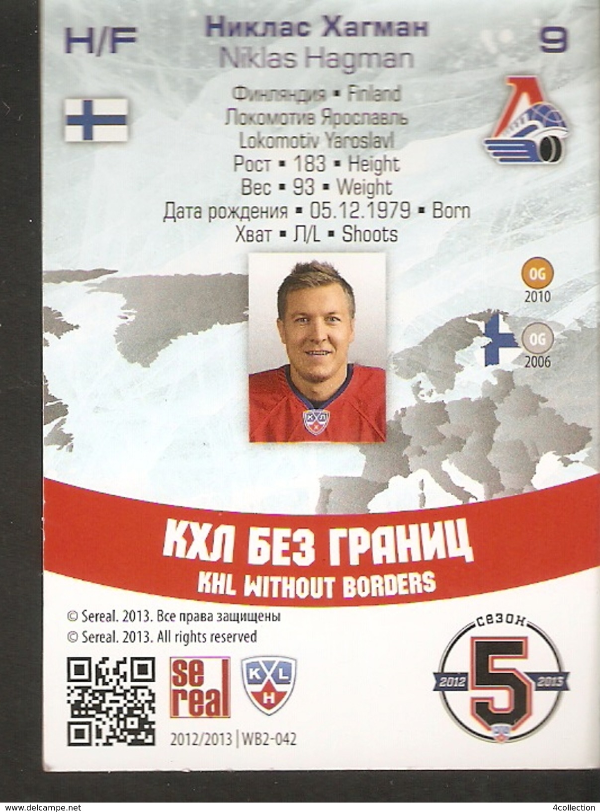 Hockey Sport Collectibles KHL Se Real Card NIKLAS HAGMAN H/F #9 Finland LOKOMOTIV Yaroslavl 5th Season 2012-2013 - 2000-Aujourd'hui