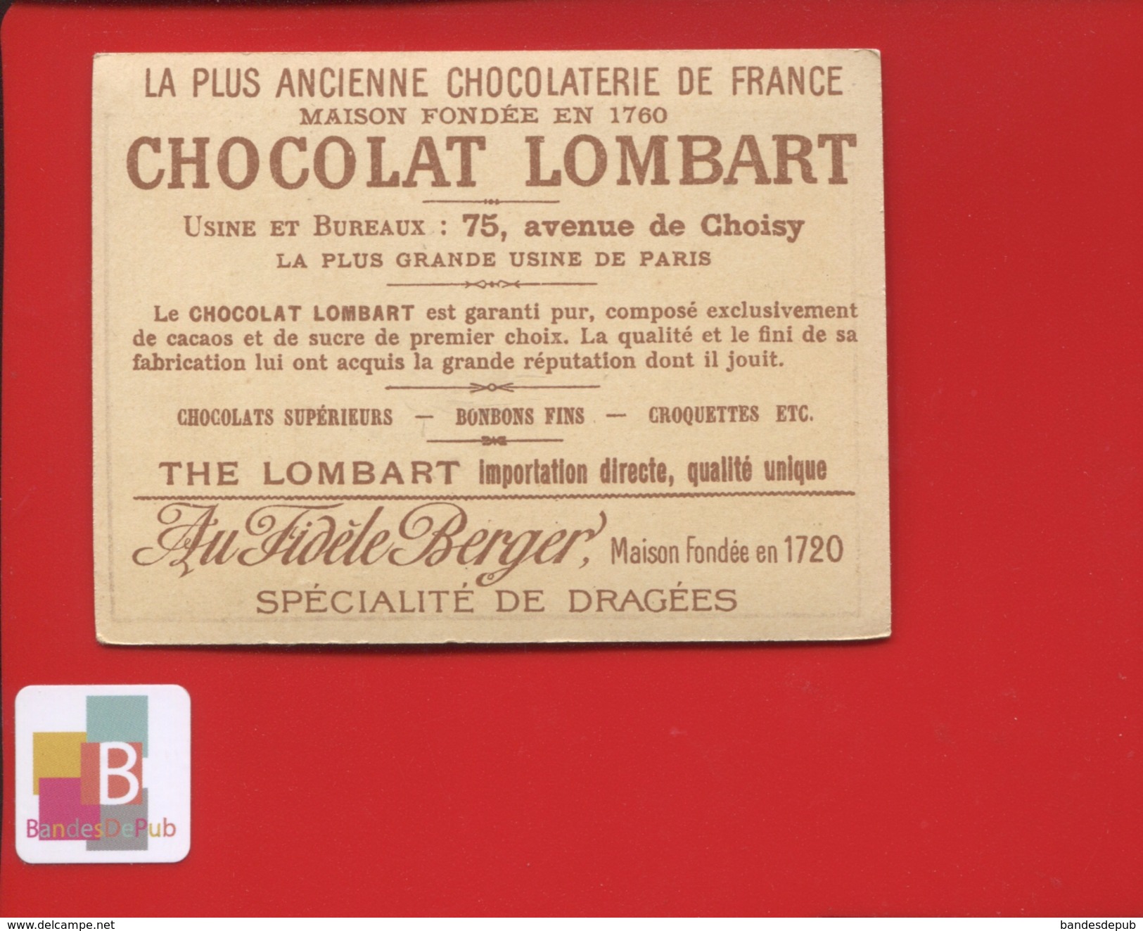 Chocolat Lombard Fidèle Berger Dragées Rue Choisy à Paris Chromo Département De La Corse Bastia Ajaccio Calvi Corte - Lombart