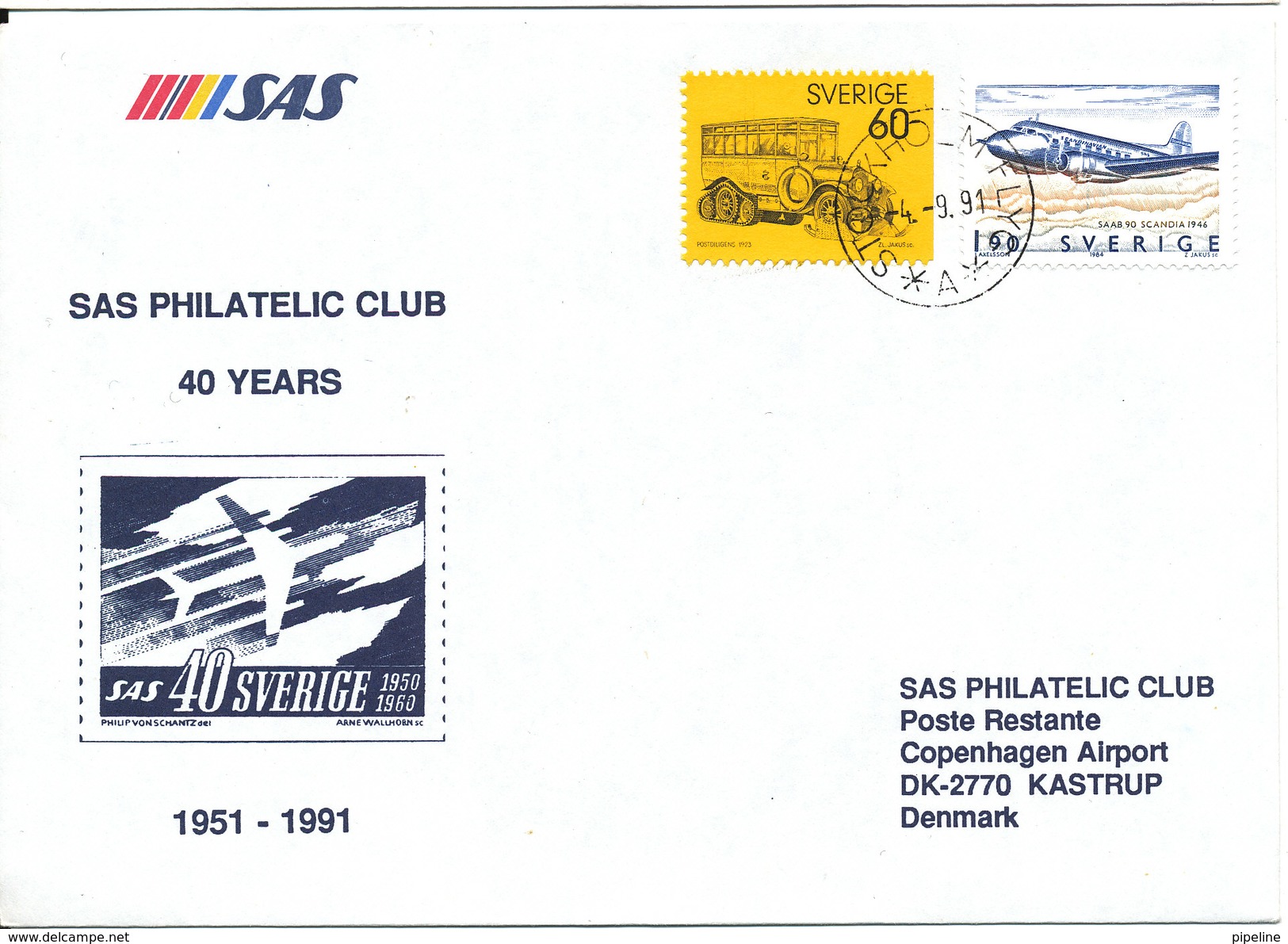 Sweden Cover SAS Philatelic Club 40 Years Anniversary Special Postmark Stockholmflyg 4-9-1991 - Covers & Documents