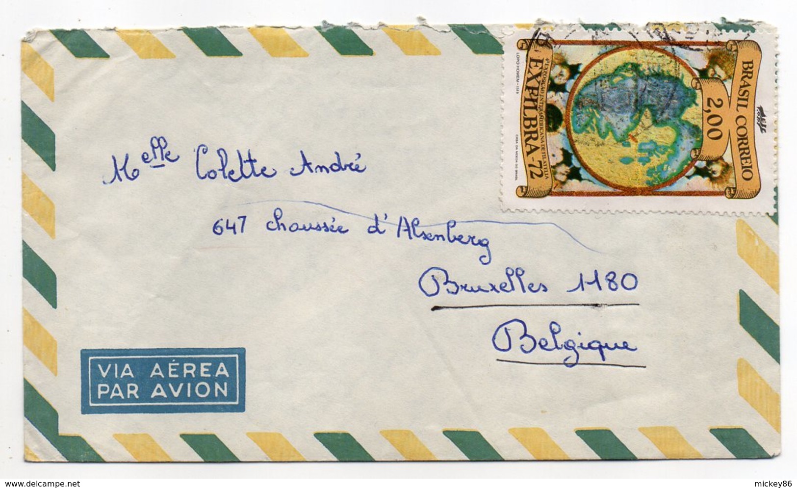 Brésil ----lettre Pour Bruxelles (Belgique)--timbre Seul Sur Lettre- EXFILBRA 72 - Briefe U. Dokumente