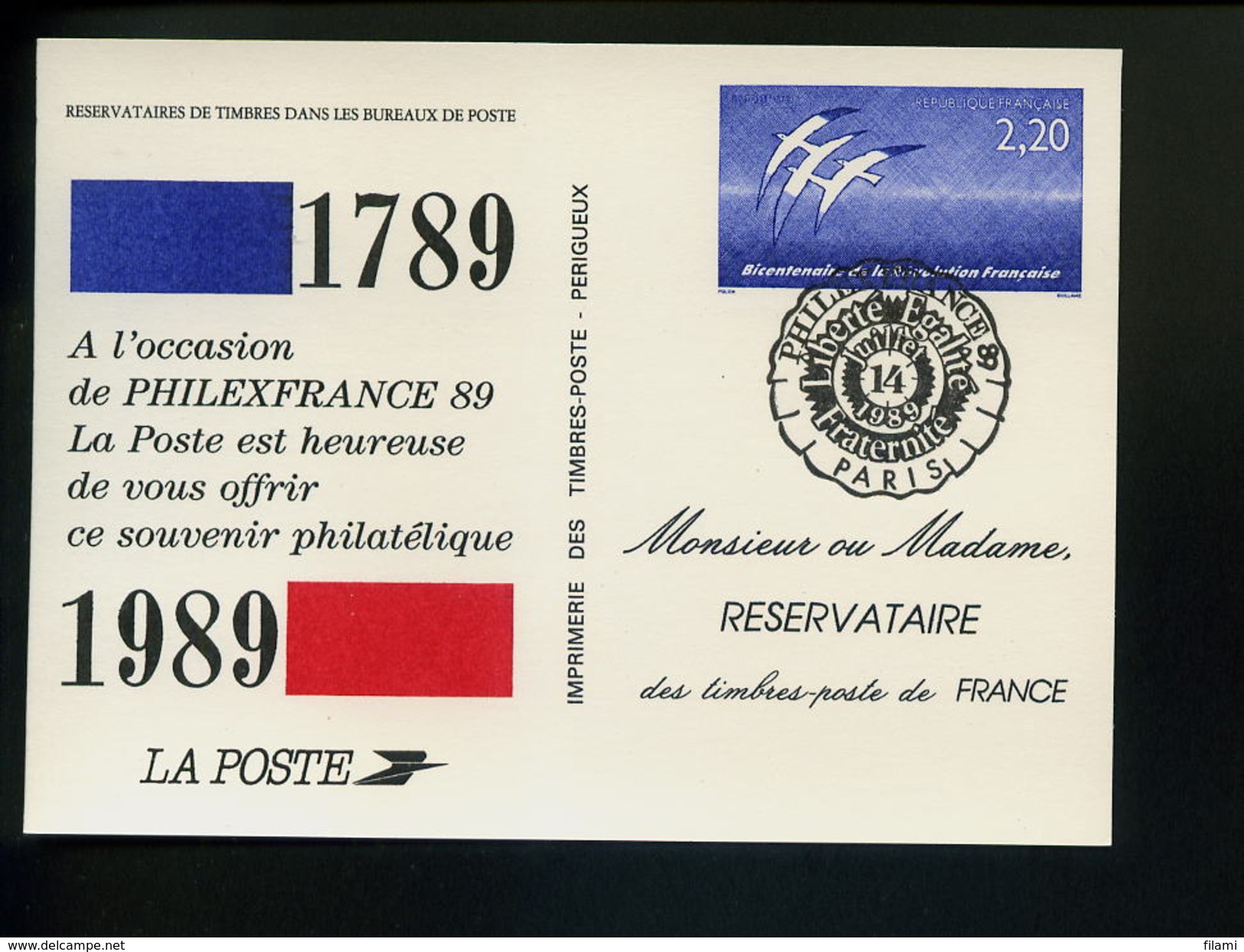 Marcophilie,carte Souvenir Reservataire Des Timbres-poste De France,Philexfrance 89,oiseaux De Folon 2.20 Obl.14.7.1989 - Franz. Revolution