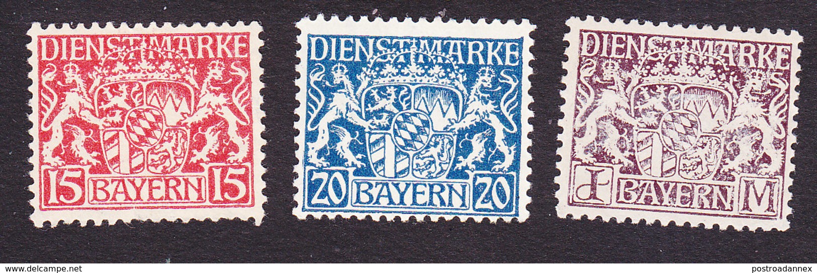 Bavaria, Scott #O11, O14, O18, Mint Never Hinged/ No Gum, Coat Of Arms, Issued 1916 - Other & Unclassified