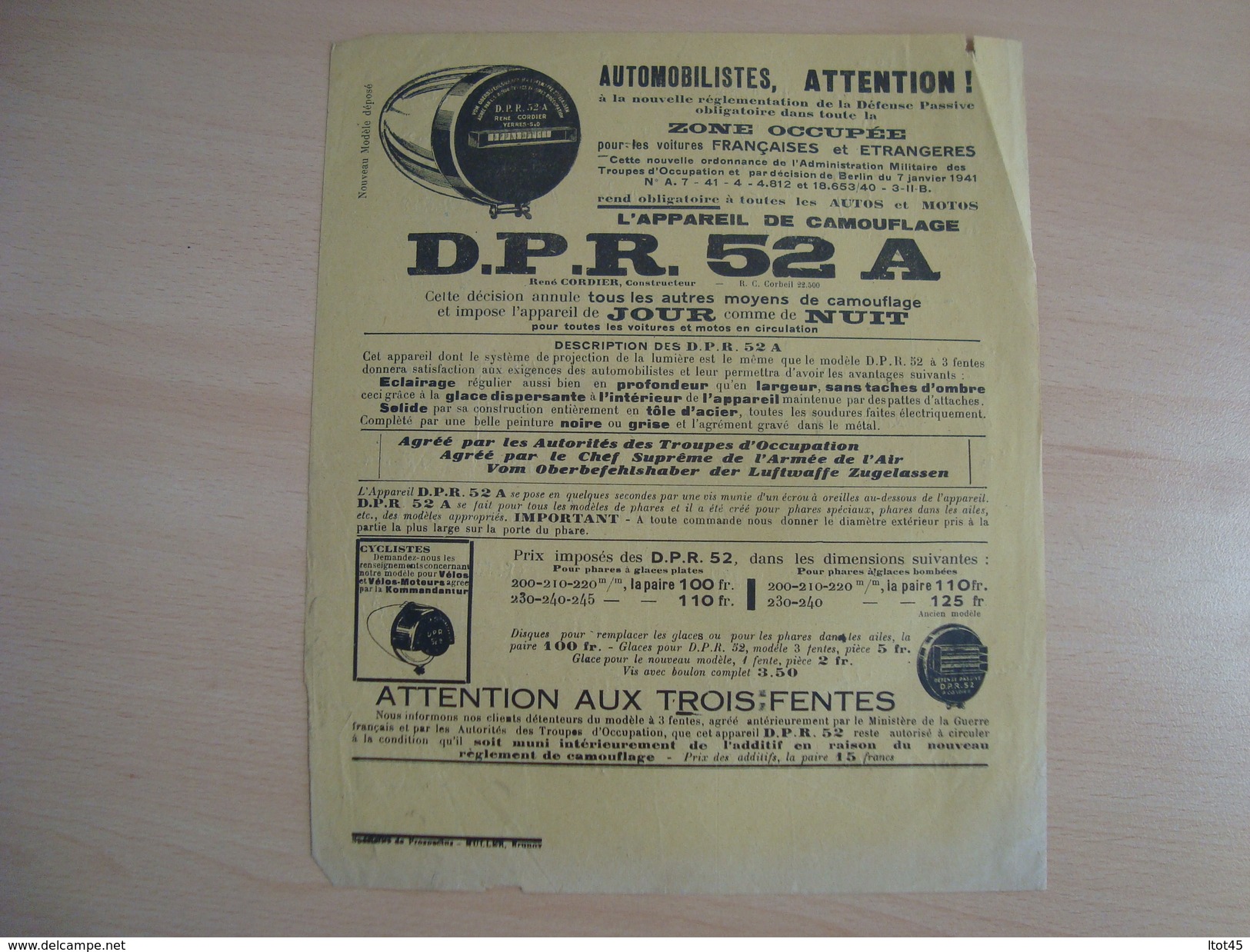 Document Publicitaire L'APPAREIL DE CAMOUFLAGE D.P.R 52 A DEFENCE PASSIVE ZONE OCCUPEE - Automovilismo