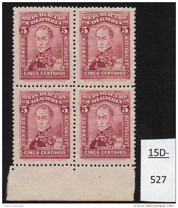 Colombia 1924 Perkins Bacon 5c Claret Bolivar MNH Marginal Block/4 SG 396 Scott 373. - Colombia