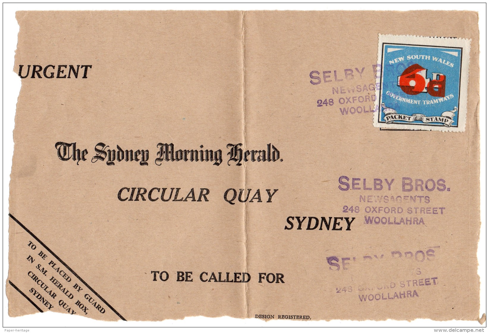 Australia &ndash; New South Wales Government Tramways ( No Tram ) 6d/4d Newspaper Packet Stamp On Front - Other & Unclassified