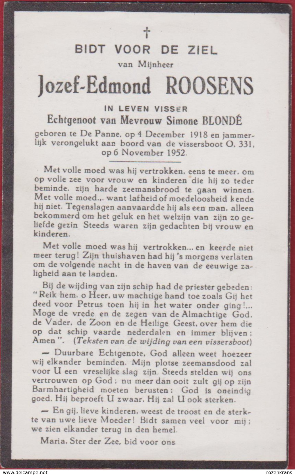 1918 1952 De Panne Jozef Edmond Roossens Verongelukt Op Zee Visser Scheepvaart Doodsprentje Bidprentje Image Mortuaire - Devotieprenten