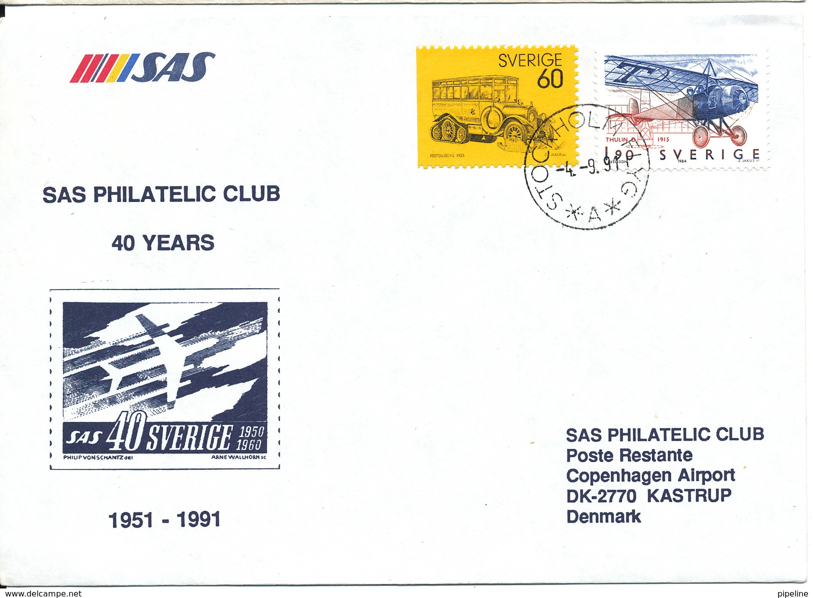 Sweden Cover SAS Philatelic Club 40 Years Anniversary Special Postmark Stockholm Flyg 4-9-1991 - Covers & Documents
