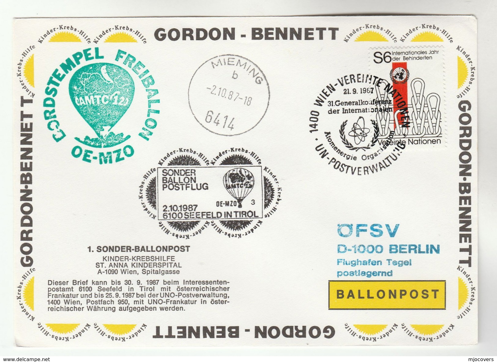 1987 BALLOON FLIGHT COVER Gordon Bennett ATOMIC ENERGY CONFRENCE Nuclear IAEA United Nations Stamp Ballooning Austria Un - Other (Air)