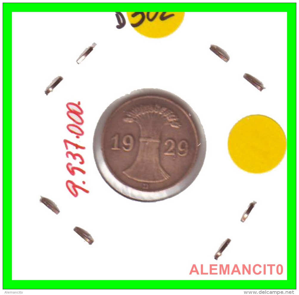 GERMANY  -   MONEDA  DE  1- REICHSPFENNIG  AÑO 1929 D   Bronze - 1 Rentenpfennig & 1 Reichspfennig