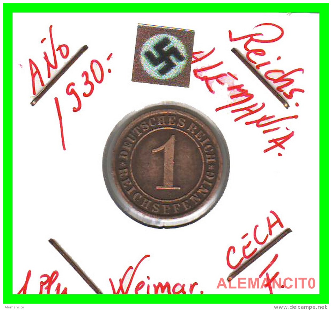 GERMANY  -   MONEDA  DE  1- REICHSPFENNIG  AÑO 1930 F   Bronze - 1 Renten- & 1 Reichspfennig