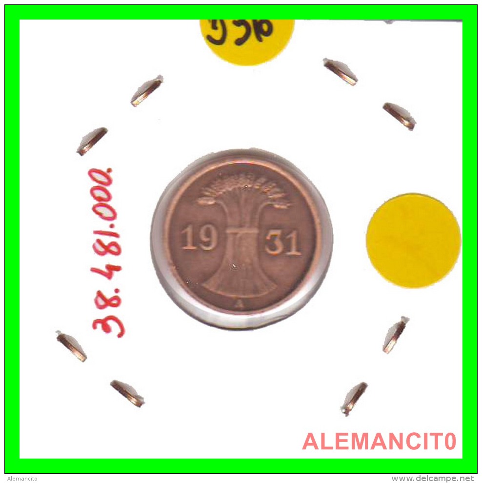 GERMANY  -   MONEDA  DE  1- REICHSPFENNIG  AÑO 1931 A   Bronze - 1 Rentenpfennig & 1 Reichspfennig