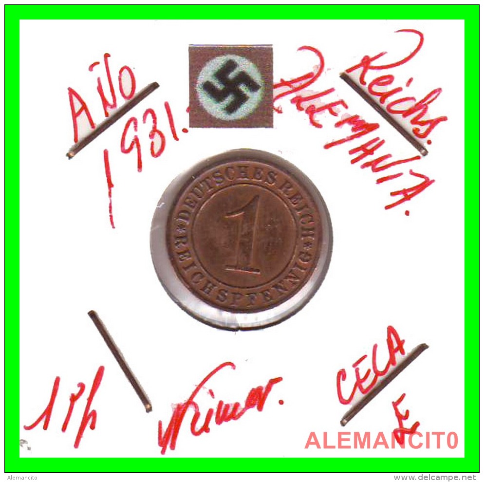 GERMANY  -   MONEDA  DE  1- REICHSPFENNIG  AÑO 1931 E   Bronze - 1 Rentenpfennig & 1 Reichspfennig
