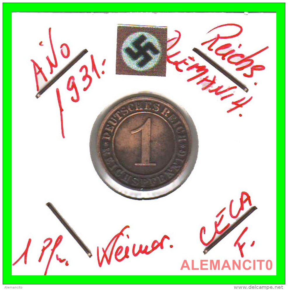 GERMANY  -   MONEDA  DE  1- REICHSPFENNIG  AÑO 1931 F   Bronze - 1 Renten- & 1 Reichspfennig