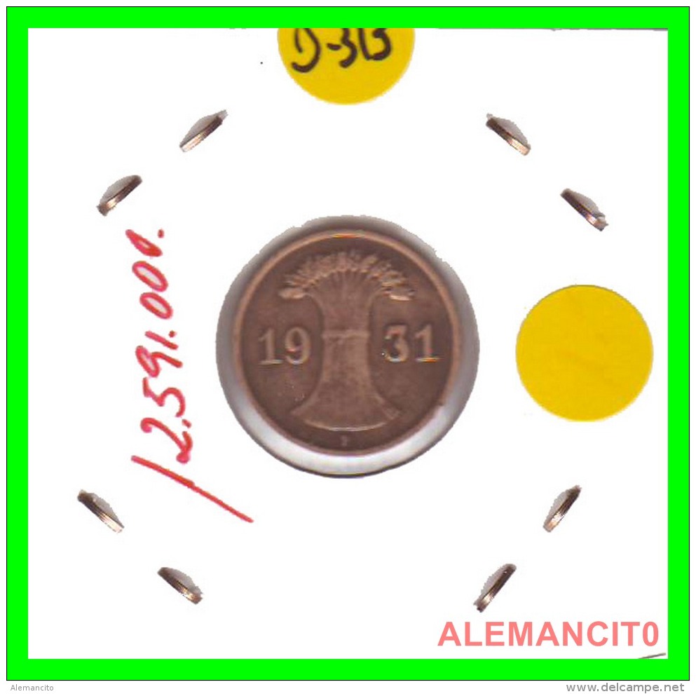 GERMANY  -   MONEDA  DE  1- REICHSPFENNIG  AÑO 1931 F   Bronze - 1 Rentenpfennig & 1 Reichspfennig