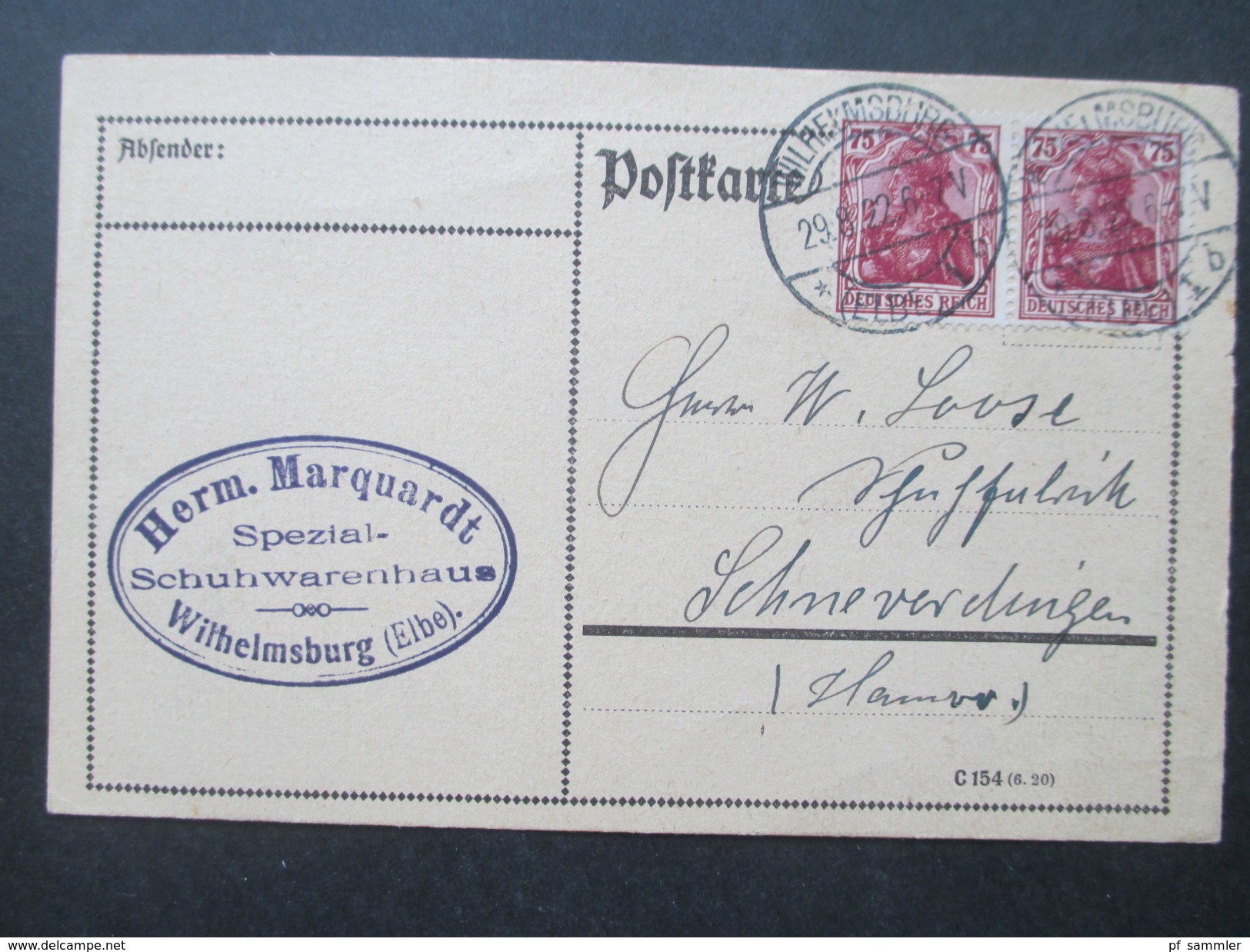 DR 1922 Germania MeF / Waagerechtes Paar Postkarte Herm. Marquardt Spezial Schuhwaren Wilhelmsburg (Elbe) - Briefe U. Dokumente