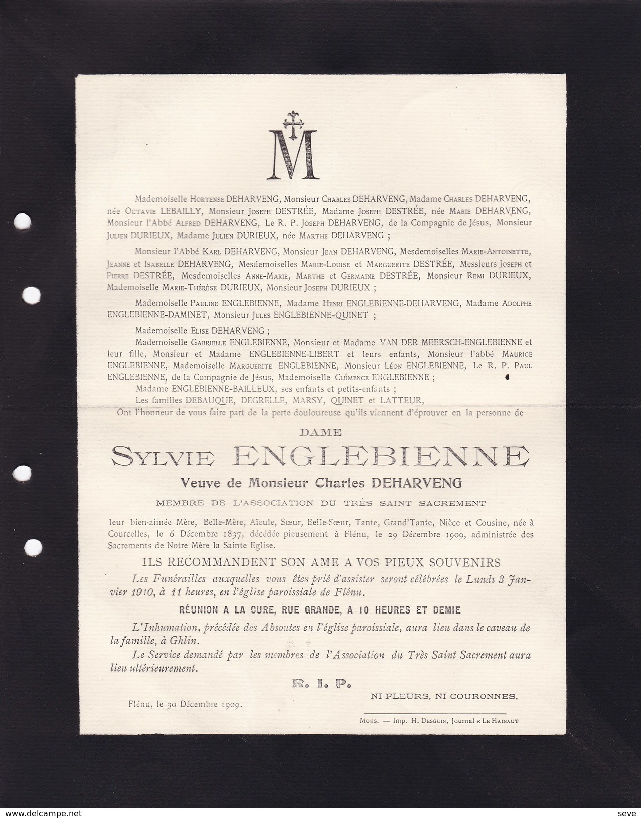 GHLIN Sylvie ENGLEBIENNE Veuve Charles DEHARVENG 1837 Courcelles 1909 Flénu Faire-part Mortuaire QUINET - Avvisi Di Necrologio