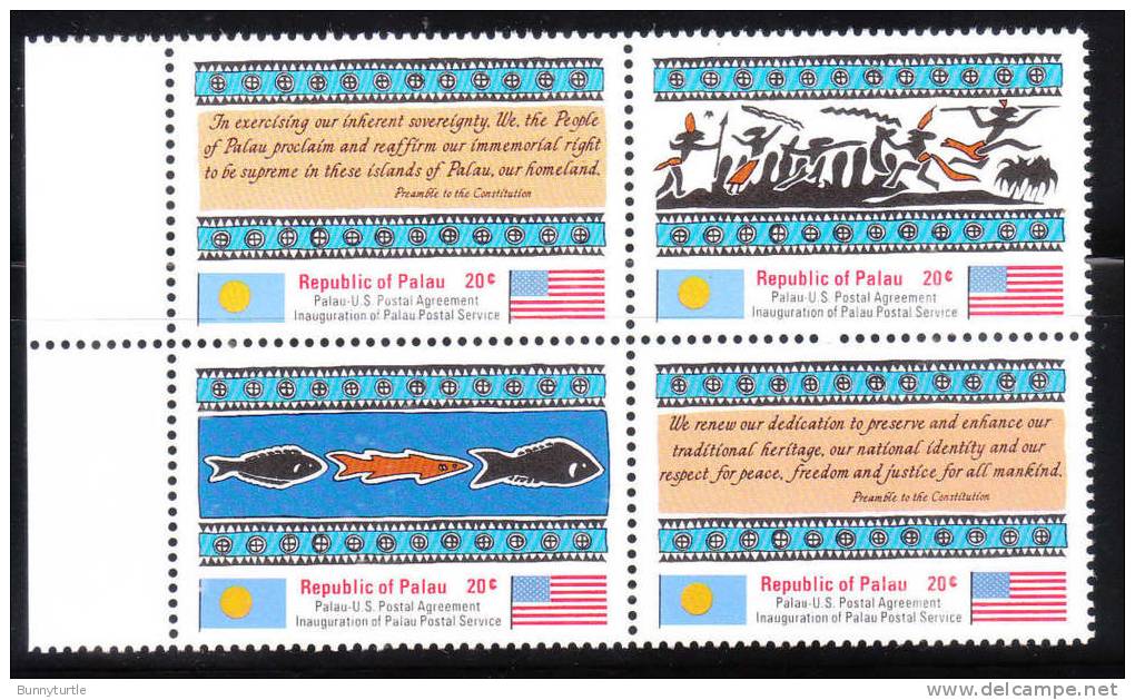 Palau 1983 Inauguration Of Postal Service Flag Constitution Blk Of 4 MNH - Palau