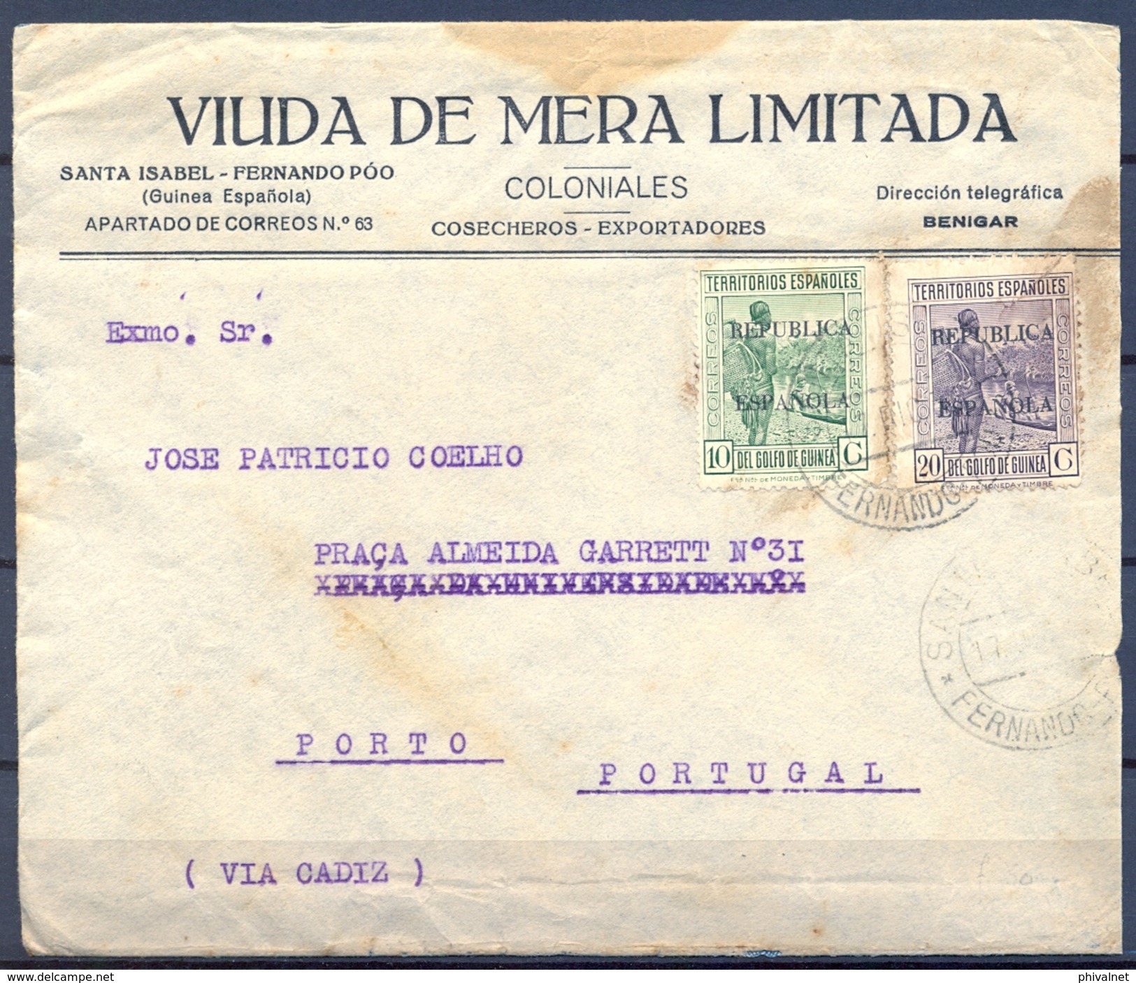 1931 , GUINEA ESPAÑOLA  ED. 219 , 221 , SOBRE COMERCIAL CIRCULADO ENTRE SANTA ISABEL Y OPORTO - Guinea Española