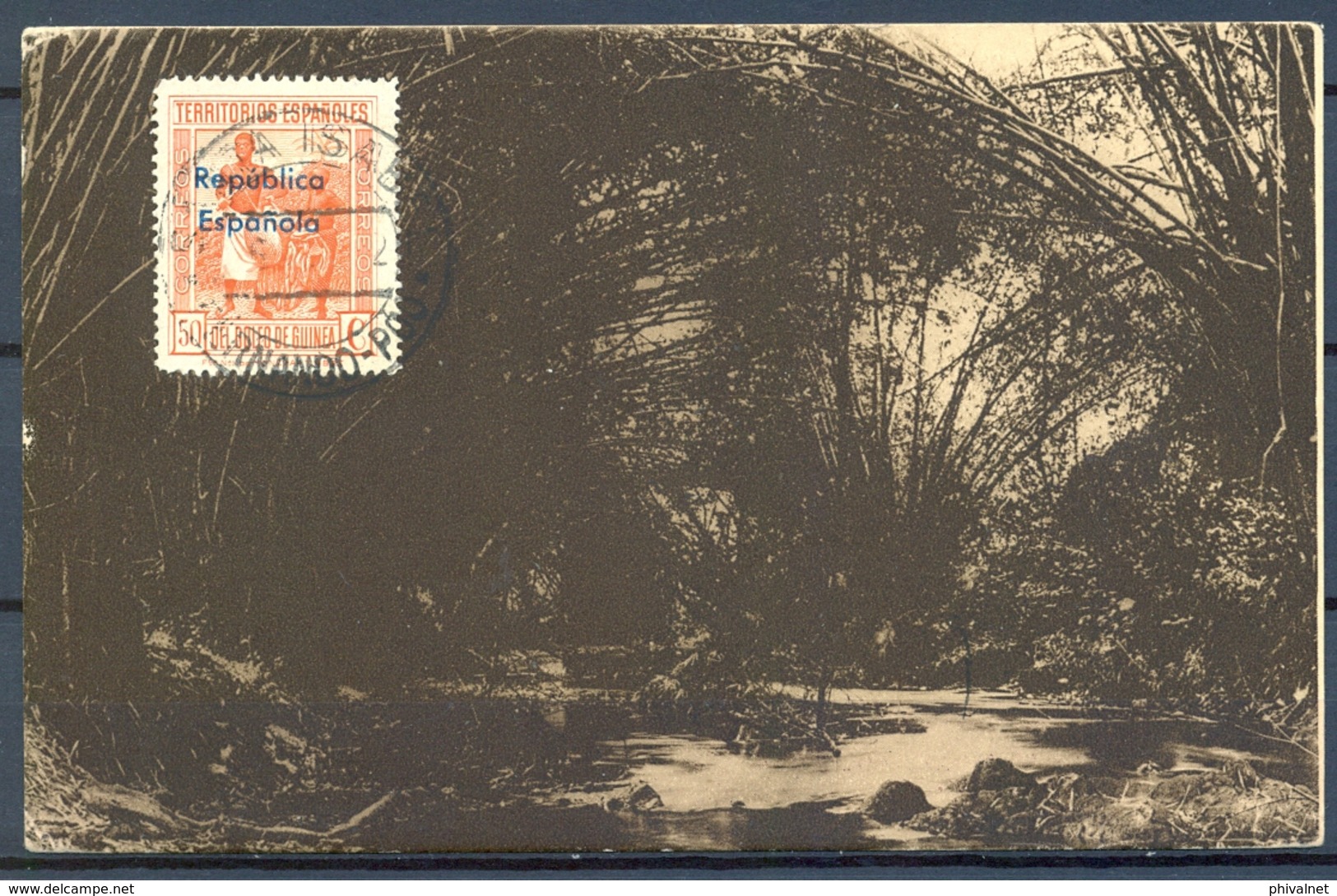 1932 , GUINEA ED. 239 , TARJETA POSTAL NACIMIENTO DEL RIO EKUKO , CIRCULADA ENTRE SANTA ISABEL Y PRAGA , LLEGADA - Guinée Espagnole