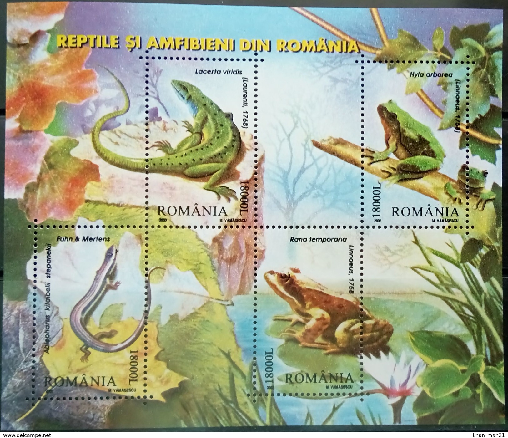 Romania, 2003, Mi. 5764-67 (bl. 334), Sc. 4600, SG 6371, Reptiles, Amphibians, Lizard, Frogs, MNH - Frösche