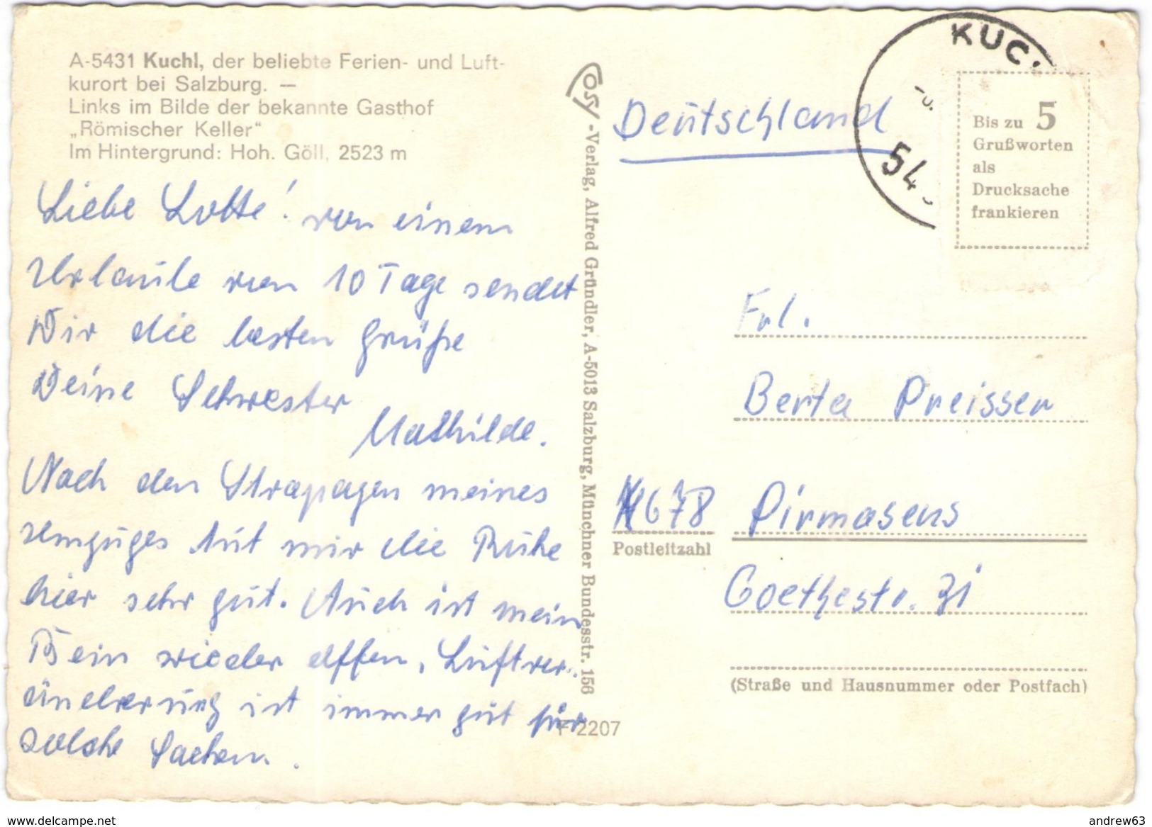 AUSTRIA - ÖSTERREICH - AUTRICHE - 19?? - Missed Stamp - Kuchl Mit Hohen Göll - Viaggiata Da Kuchl Per Pirmasens, Germany - Kuchl