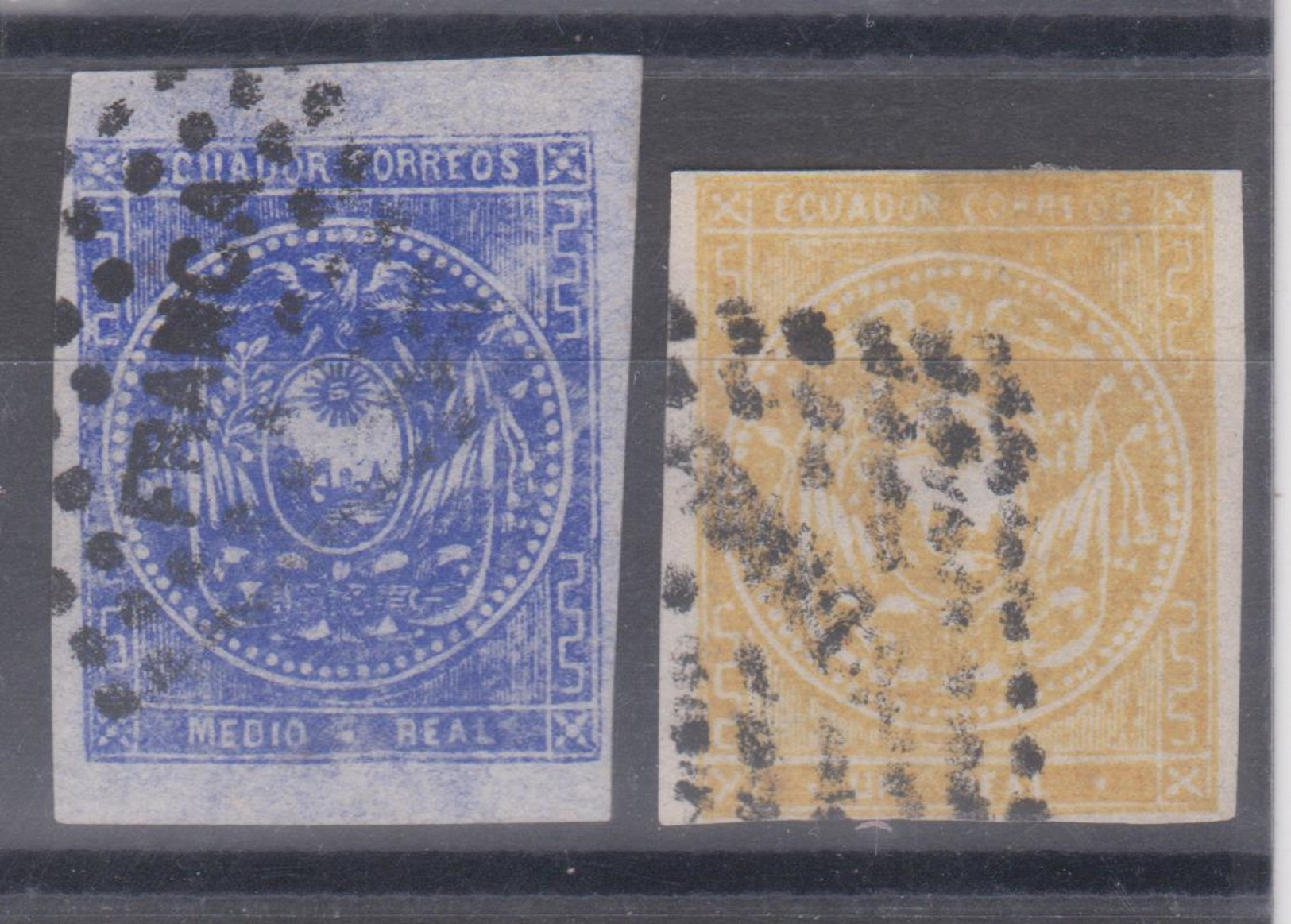 ECUADOR 1865-1872 HALF REAL BLUE & 1 REAL YELLOW CANCELLED LOZANGE FRANCA FROM GUAYAQUIL NICE CONDITION SC# 2-4 - Ecuador