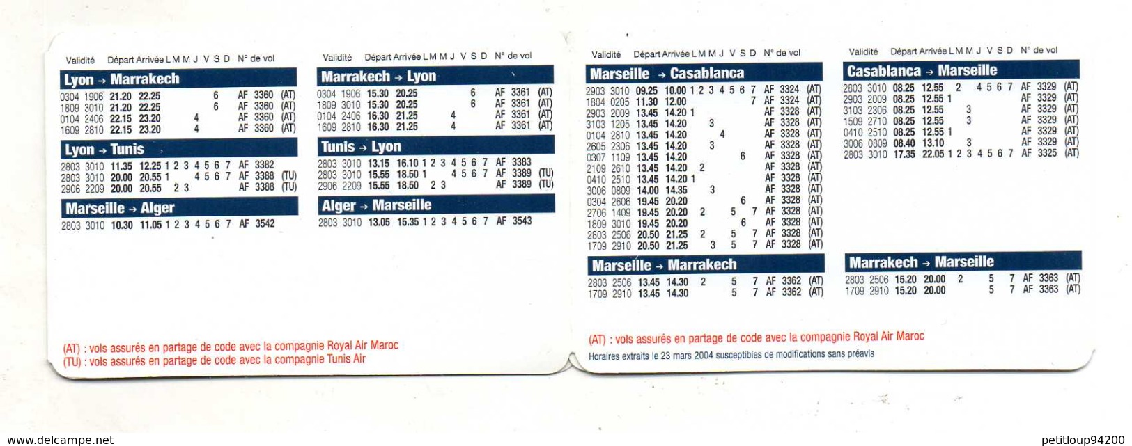 AIR FRANCE HORAIRES/TIMETABLE  2004  AU DEPART DE  *France *Algérie *Maroc *Tunisie - Orari