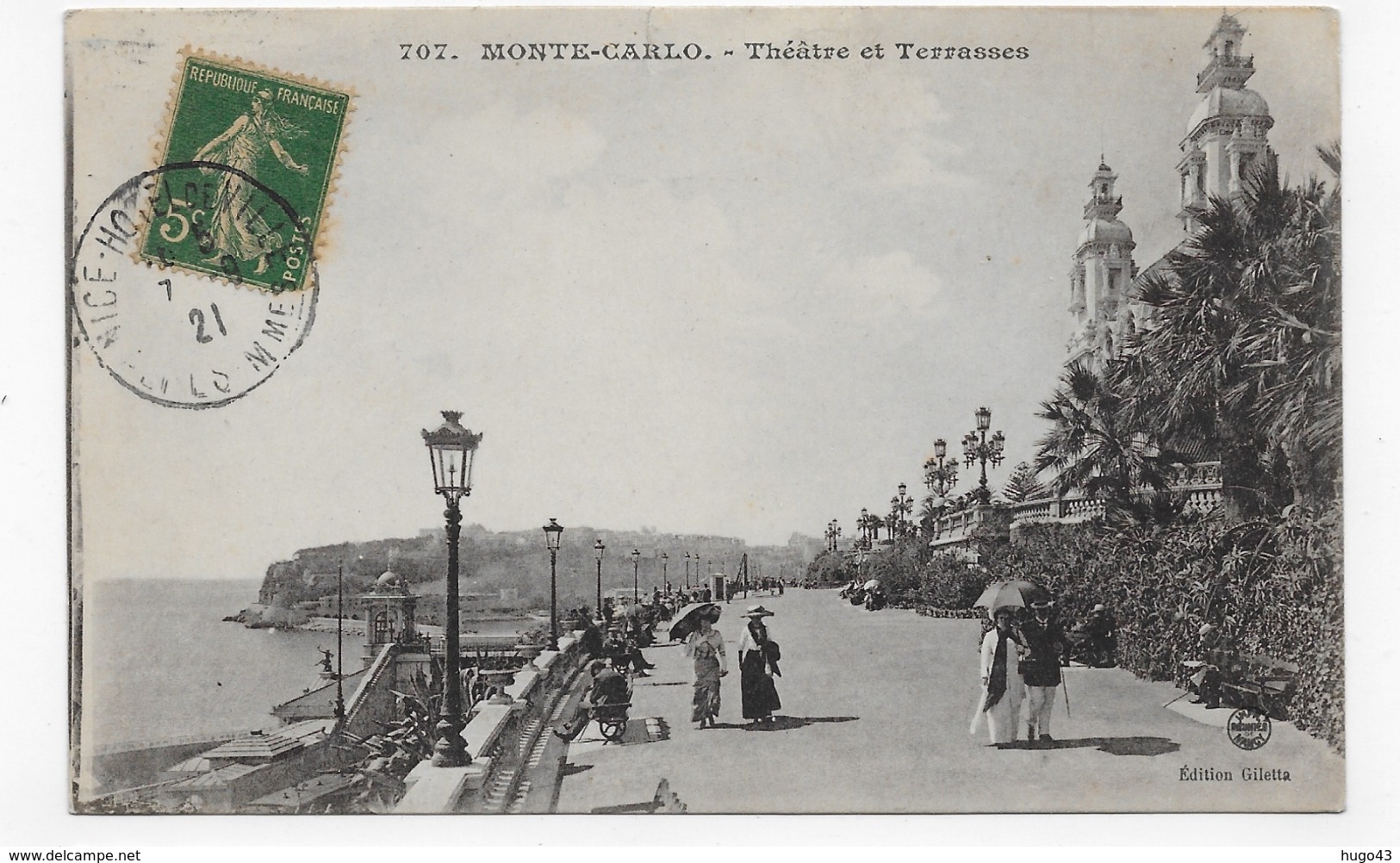 MONTE CARLO EN 1921 - N° 707 - THEATRE ET TERRASSES - BEAU CACHET - CPA VOYAGEE - Teatro De ópera