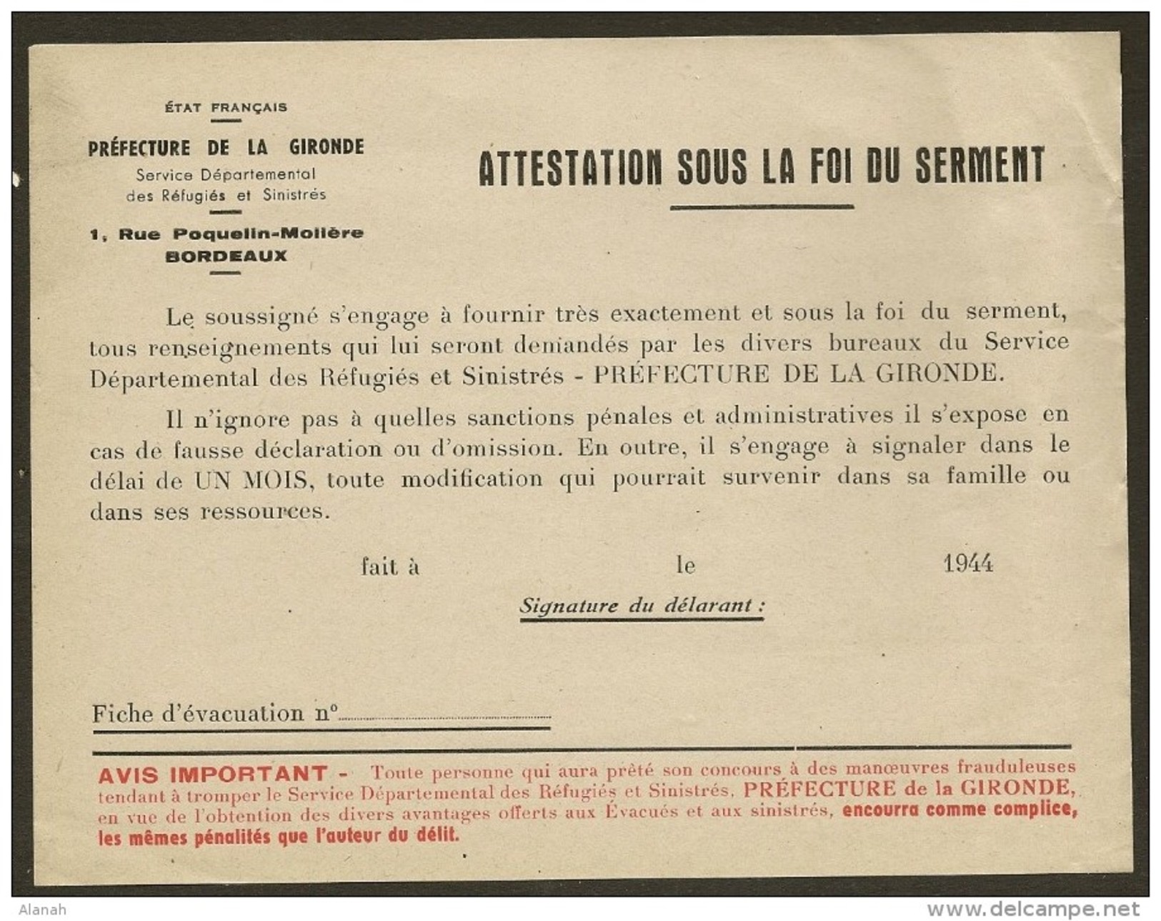 ATTESTATION SOUS LA FOI DU SERMENT (Service Des Réfugiés Et Sinistrés) Gironde 1944 - Documents