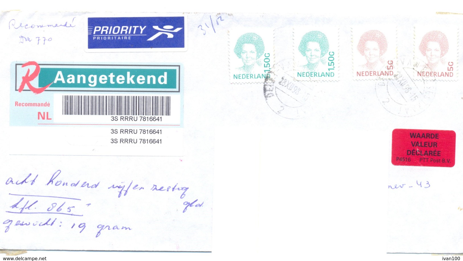 1998. Netherlands, The Letter Sent By Registered Post To Moldova - Briefe U. Dokumente