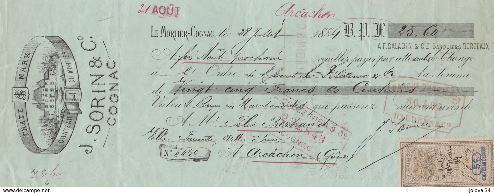 Lettre Change Illustrée Timbre Fiscal 28/7/1884 J SORIN LE MORTIER COGNAC Charente Pour Félix Bertrand Arcachon Gironde - Lettres De Change