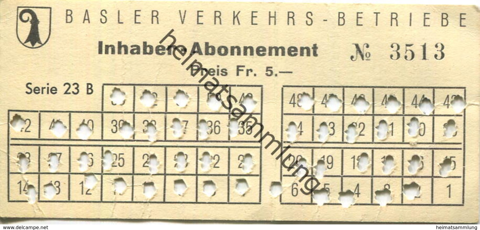 Schweiz - Basel - Basler Verkehrs-Betriebe - Inhaber Abonnement - Billet  Fr. 5.- - Europa