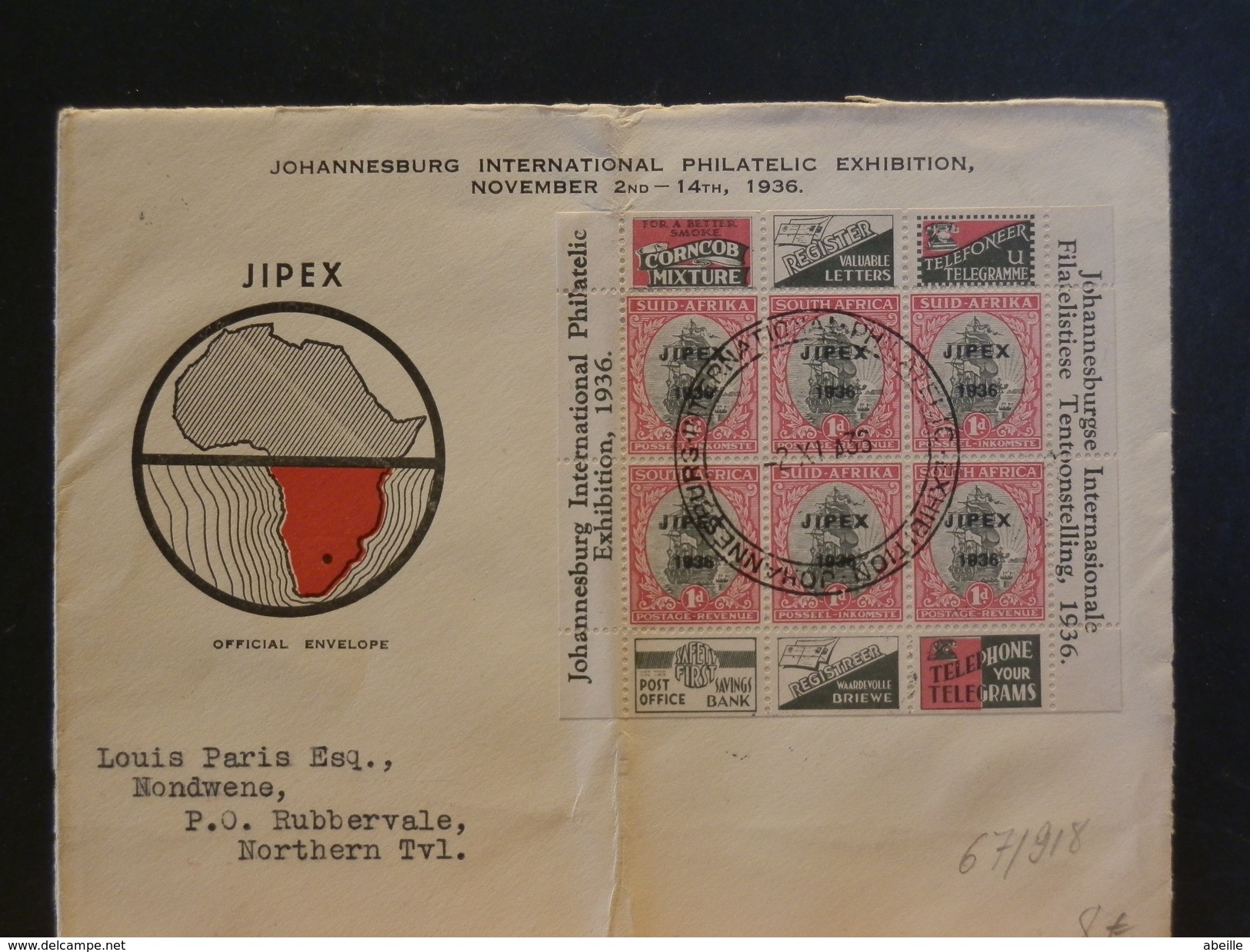 67/918    LETTRE AFRIQUE DU SUD  1936  PLI - Covers & Documents