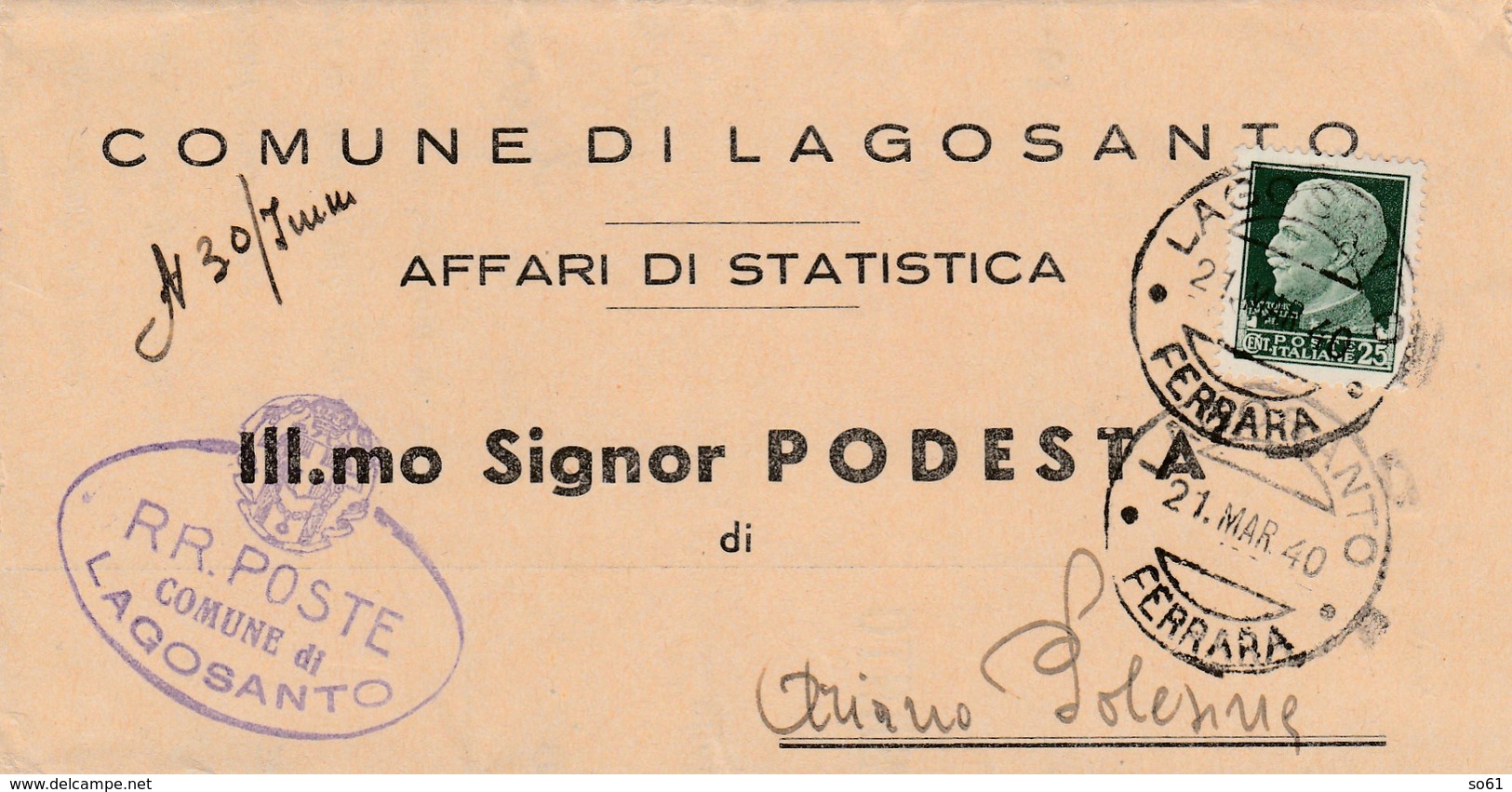 6190 Lc.  Piego Lagosanto Ferrara Podestà Ariano Polesine Rovigo 1940 - Marcophilie