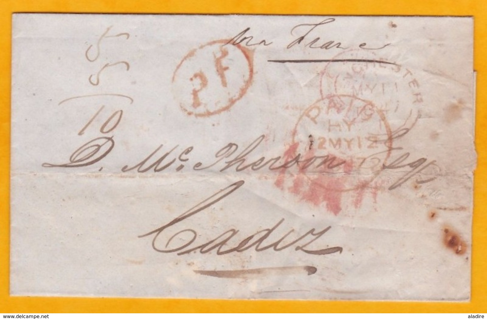 1847 - Enveloppe Pliée De Manchester, GB Vers Cadiz, Espagne Via France - PP Port Payé - Other & Unclassified