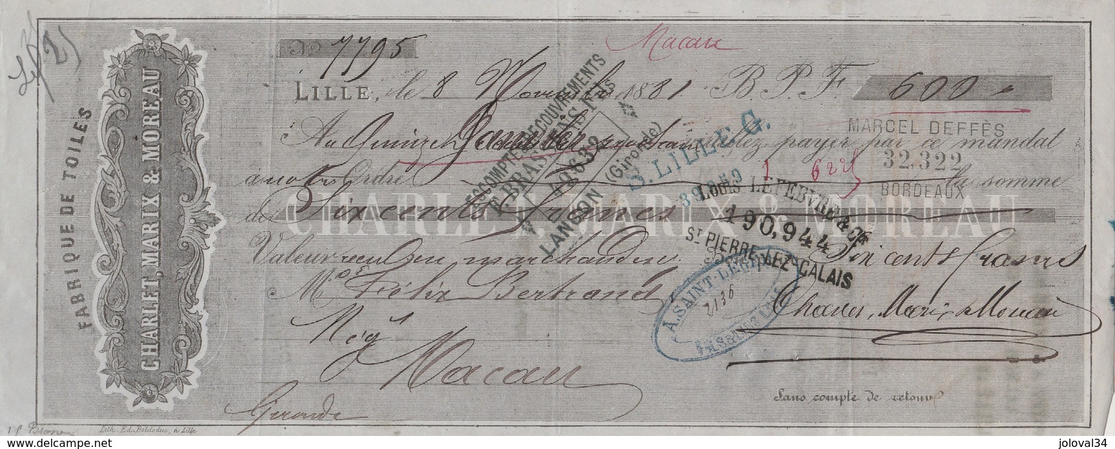 Lettre Change 8/11/1881 CHARLET MARIX & MOIREAU Toiles LILLE Nord Pour Félix Bertrand Macau Gironde - Cambiali